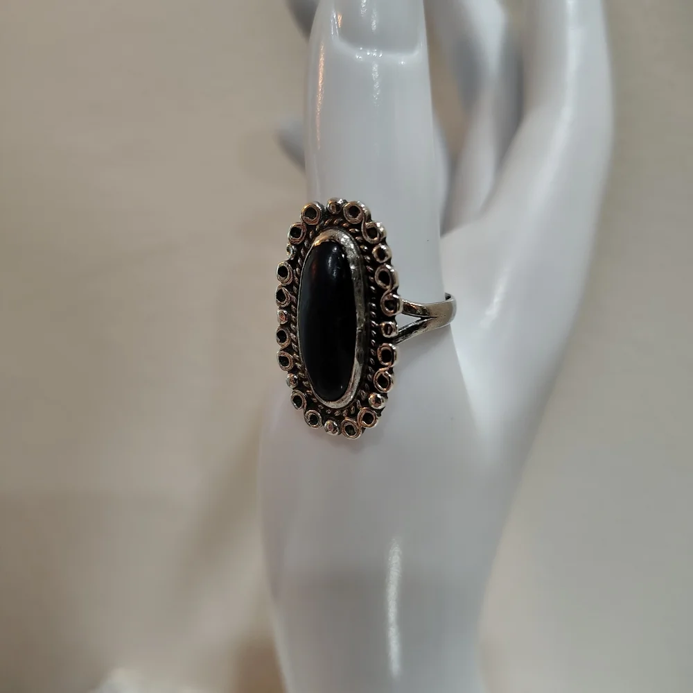 Sterling Silver‎ 925 Mexico Black Onyx Statement Ring Boho Gothic 7.5 Vintage